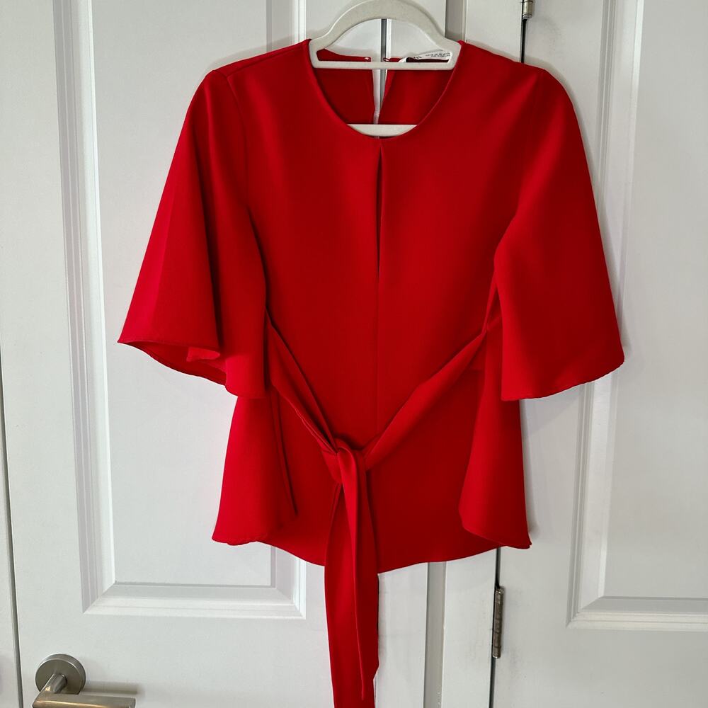 ZARA Red Belted Key-Hole Peplum Bell Sleeve Blouse | XS